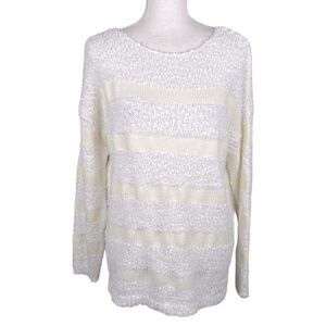 Knit White & Cream Striped Long‎ Sleeve Crew Neck Winter Comfy Sweater Size XL